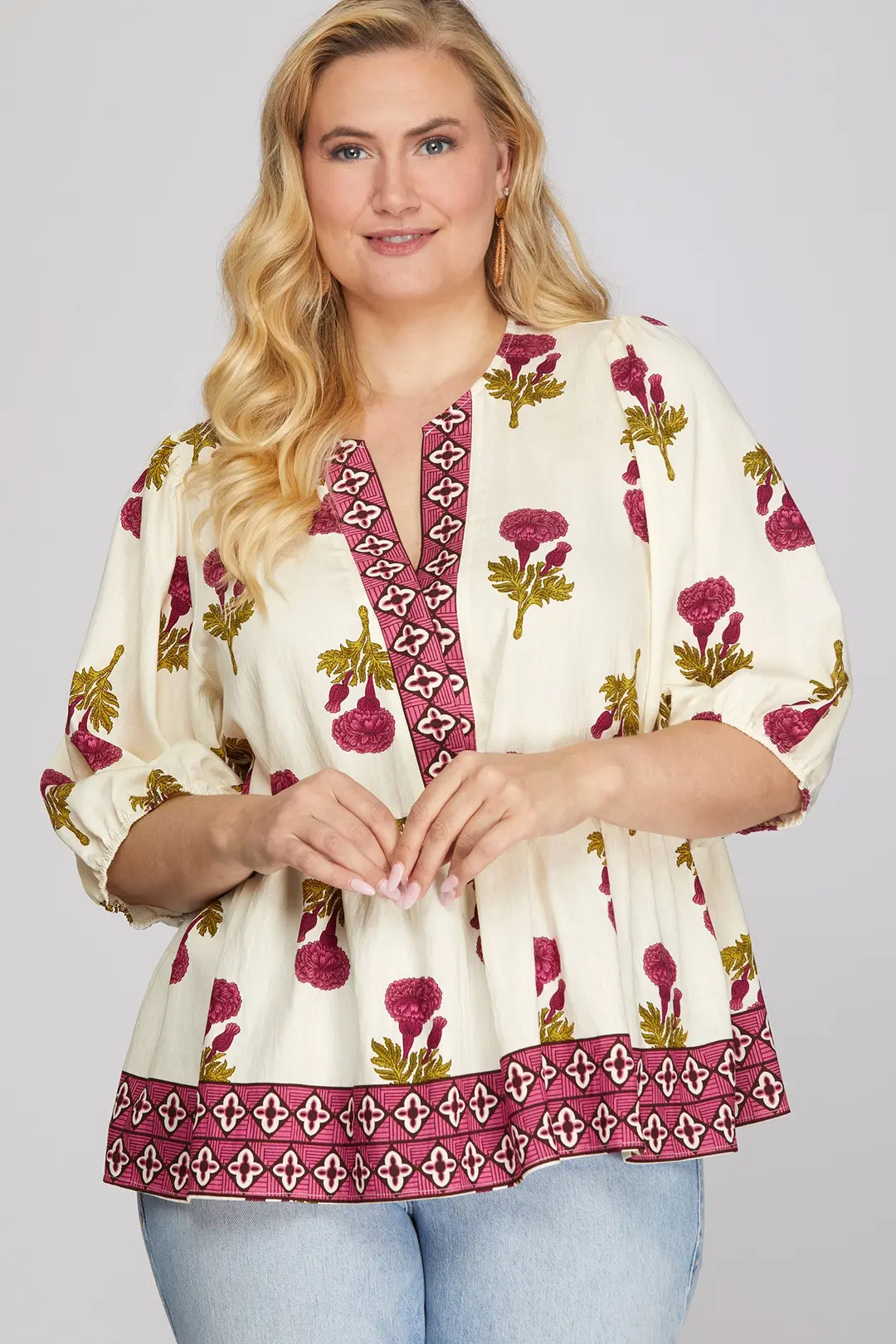 Woven Floral Print Top Contrast Detail 