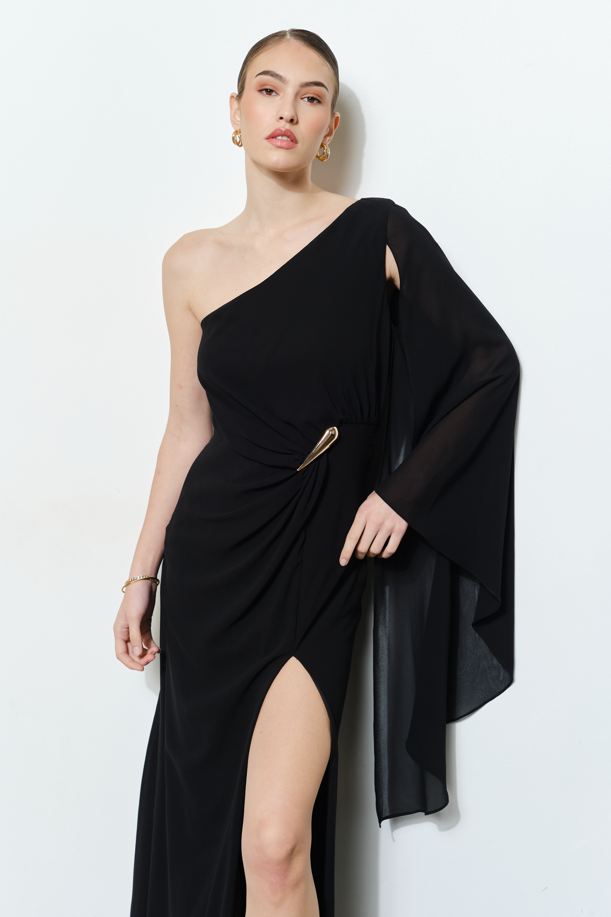 Luxe One Shoulder Gold Slit Maxi Dress