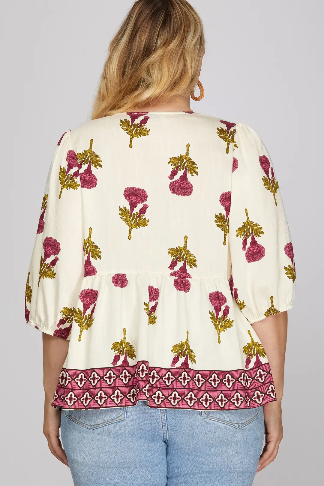 Woven Floral Print Top Contrast Detail 