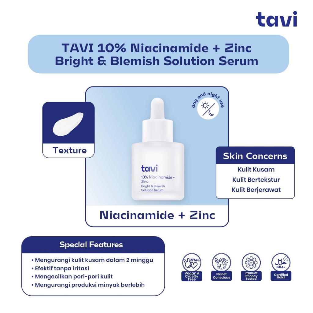 TAVI 10% Niacinamide + Zinc Bright & Blemish Solution Serum 30 ml - Brightening Serum Mencerahkan Kulit Kusam Bekas Jerawat