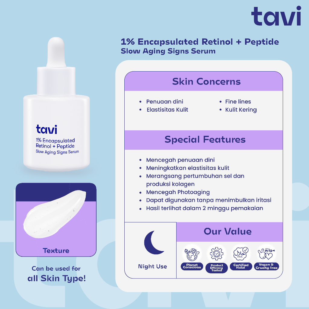 TAVI 1% Encapsulated Retinol + Peptide Slow Aging Signs Serum 30 ml - Retinol Pemula Mencegah Jerawat Dark Spot & Aging