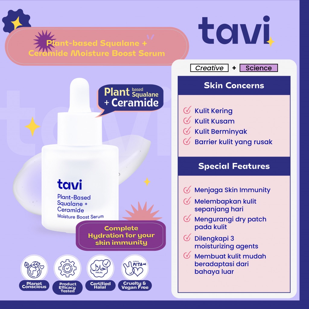 Tavi Plant-Based Squalane + Ceramide Moisture Boost Serum 30 ml - Melembabkan Kulit Kering Sepanjang Hari (24 jam)