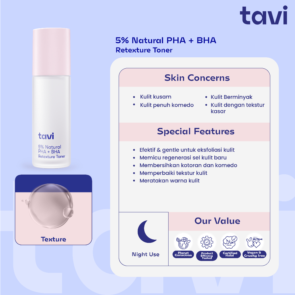 TAVI 5% Natural PHA + BHA Retexture Toner 100 ml - Toner Eksfoliasi Meratakan Tekstur Kulit  Kulit Halus Glowing Bebas Jerawat