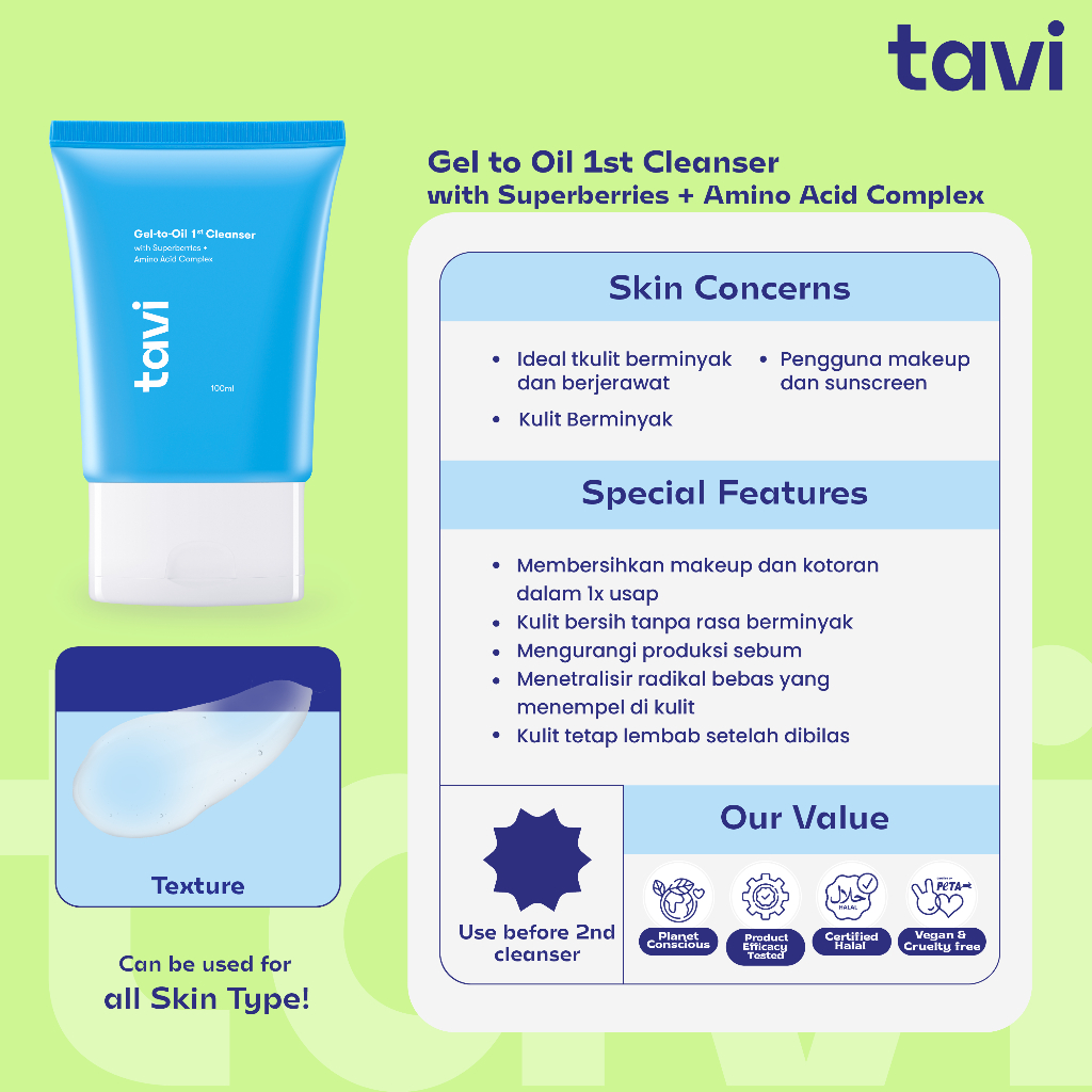 TAVI Gel to Oil Cleanser 1st Cleanser 100 ml - Make up Remover | Menghapus Make up Waterproof & Menghilangkan Komedo