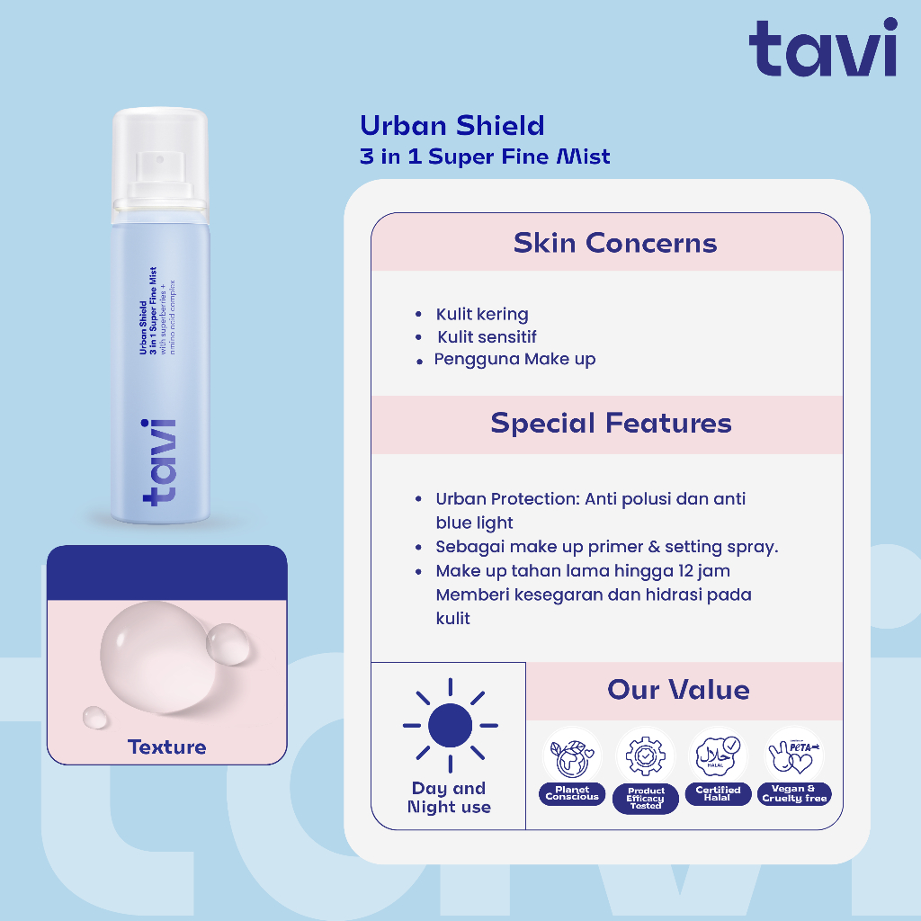 TAVI Urban Shield 3 in 1 Super Fine Mist 90 ml - Setting Spray Primer Multifungsi Make up Tahan Lama 12 Jam