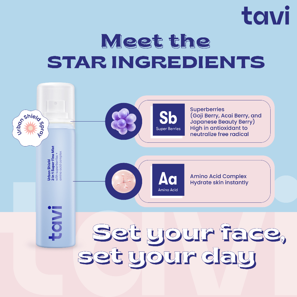 TAVI Urban Shield 3 in 1 Super Fine Mist 90 ml - Setting Spray Primer Multifungsi Make up Tahan Lama 12 Jam