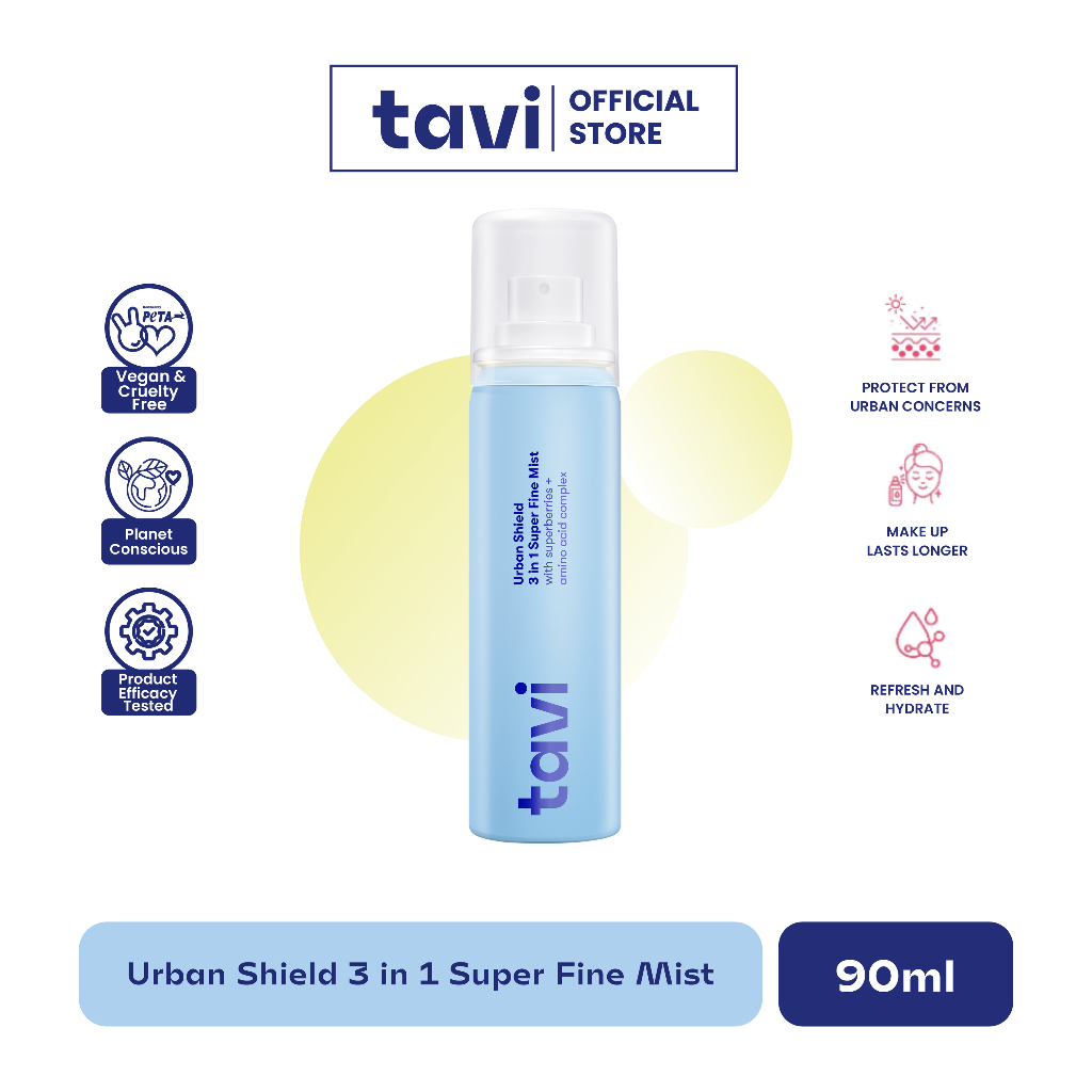 TAVI Urban Shield 3 in 1 Super Fine Mist 90 ml - Setting Spray Primer Multifungsi Make up Tahan Lama 12 Jam