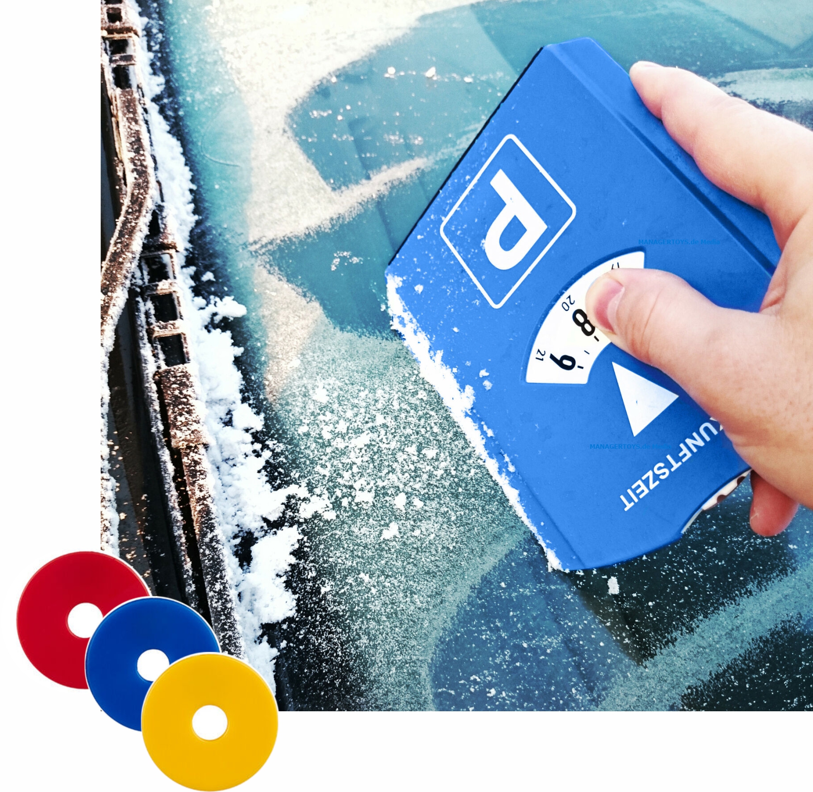 Parkscheibe Eiskratzer drei Farben Einkaufswagenchips Parkuhr ohne Werbung