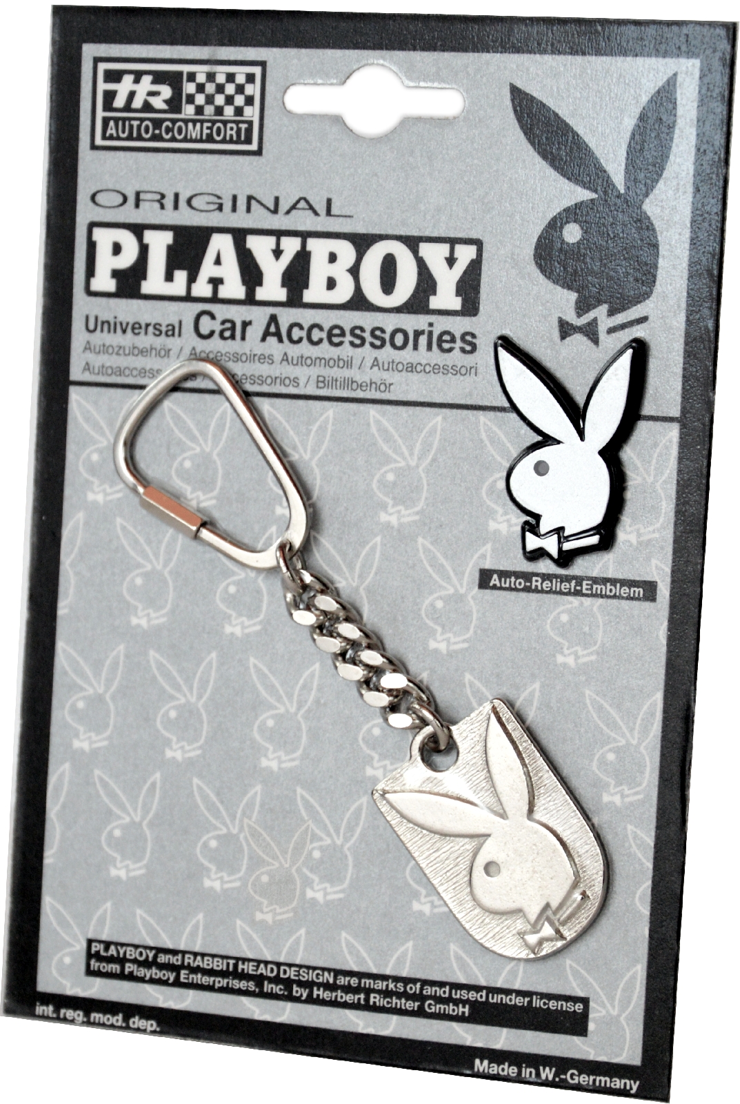 Metall Schlüsselanhänger PLAYBOY Bunny Wappen silbergrau mit Reliefemblem