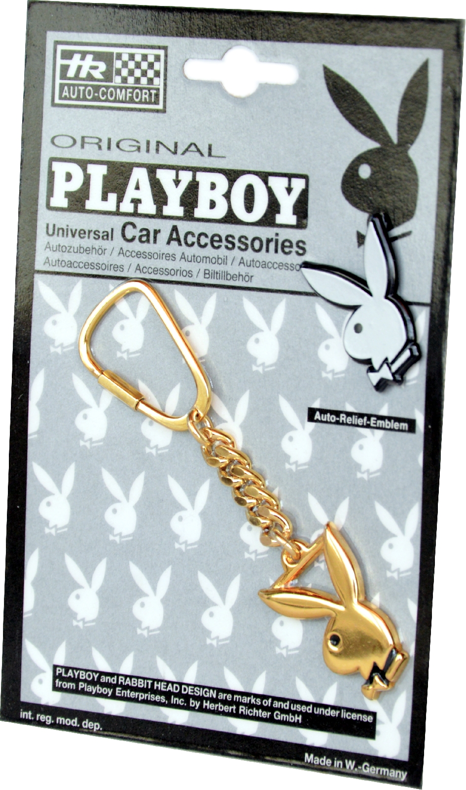 Metall Schlüsselanhänger PLAYBOY Bunny Wappen gold mit Reliefemblem