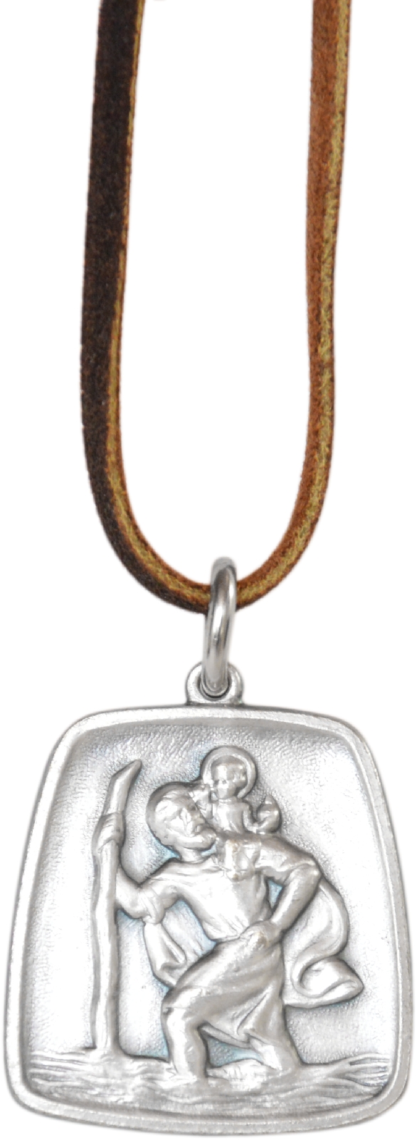 Heiliger Sankt Christophorus Metall Plakette in 3D an Lederbändel