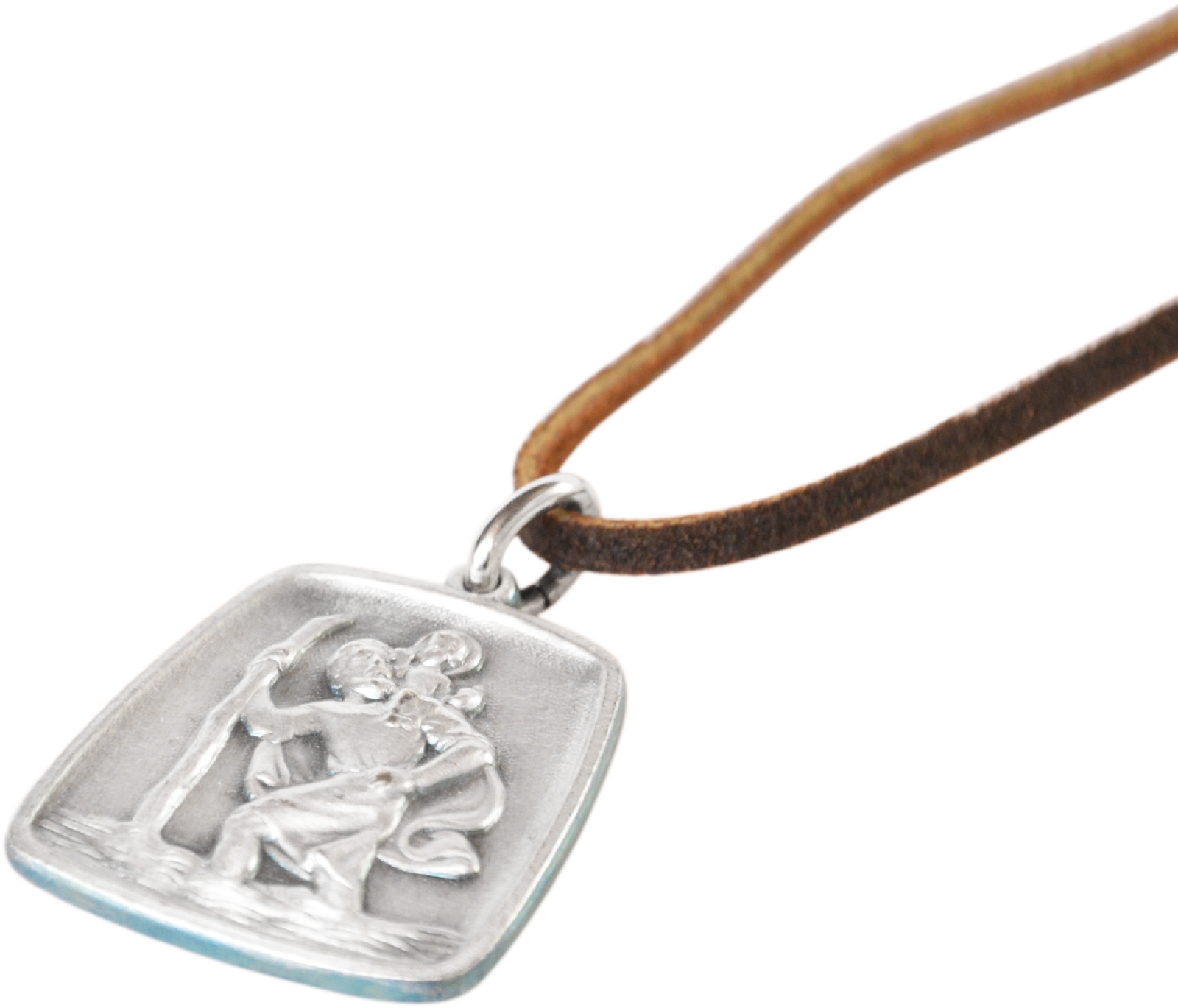 Heiliger Sankt Christophorus Metall Plakette in 3D an Lederbändel