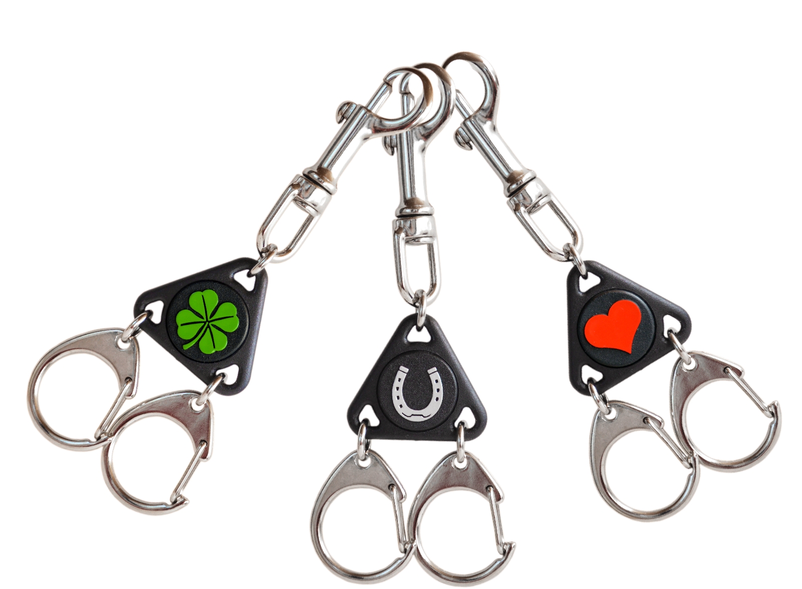 Drei Glücksbringer Schlüsselanhänger HERZ, HUFEISEN und KLEEBLATT