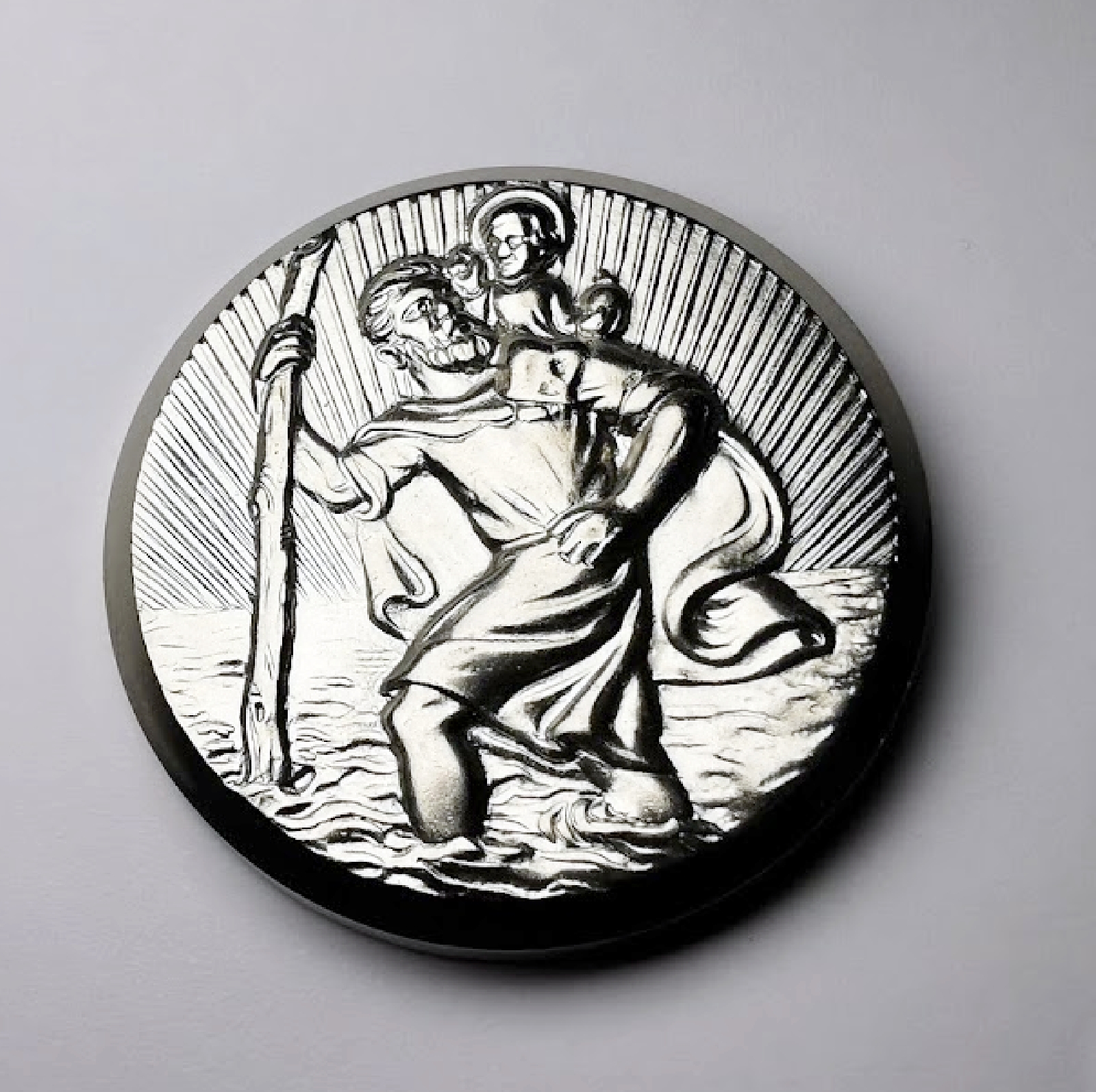 Diamantgefräster Metall Schutzpatron heiliger Sankt Christophorus 4,2 cm 