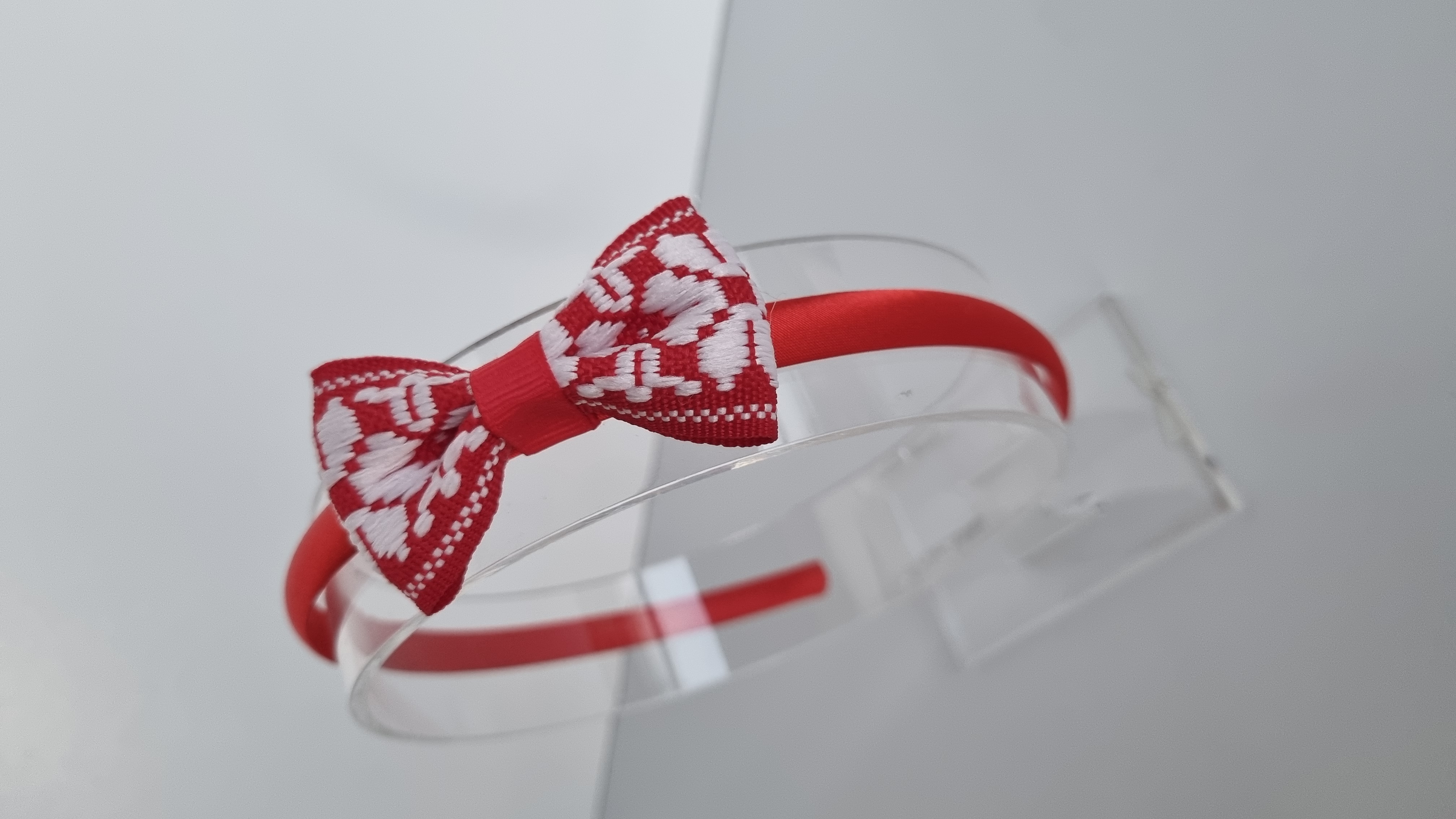 Plaukų lankelis austu kaspinėliu "Raudona gėlytė"