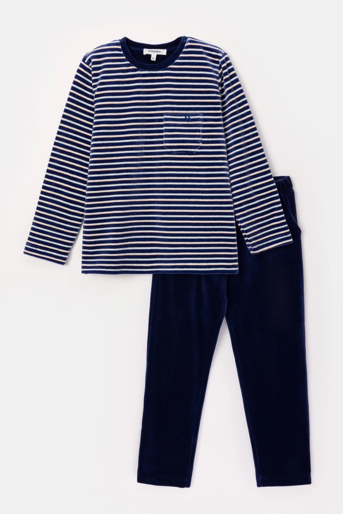Pyjama Woody Velours Blauwe Streep 242-11-MRL-V/927
