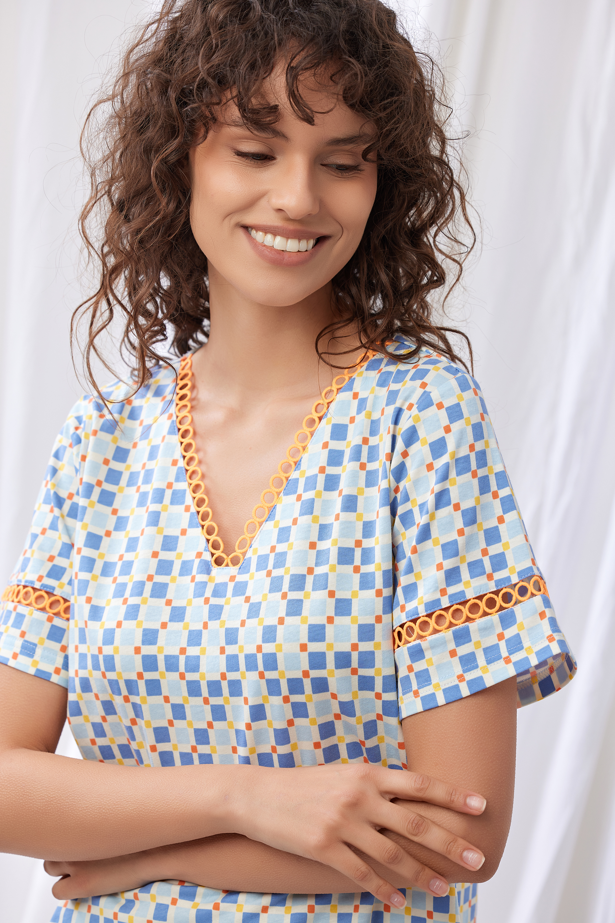 Lords X Lilies shortama ruitjes lichtblauw 251-50-XPE-Z/978