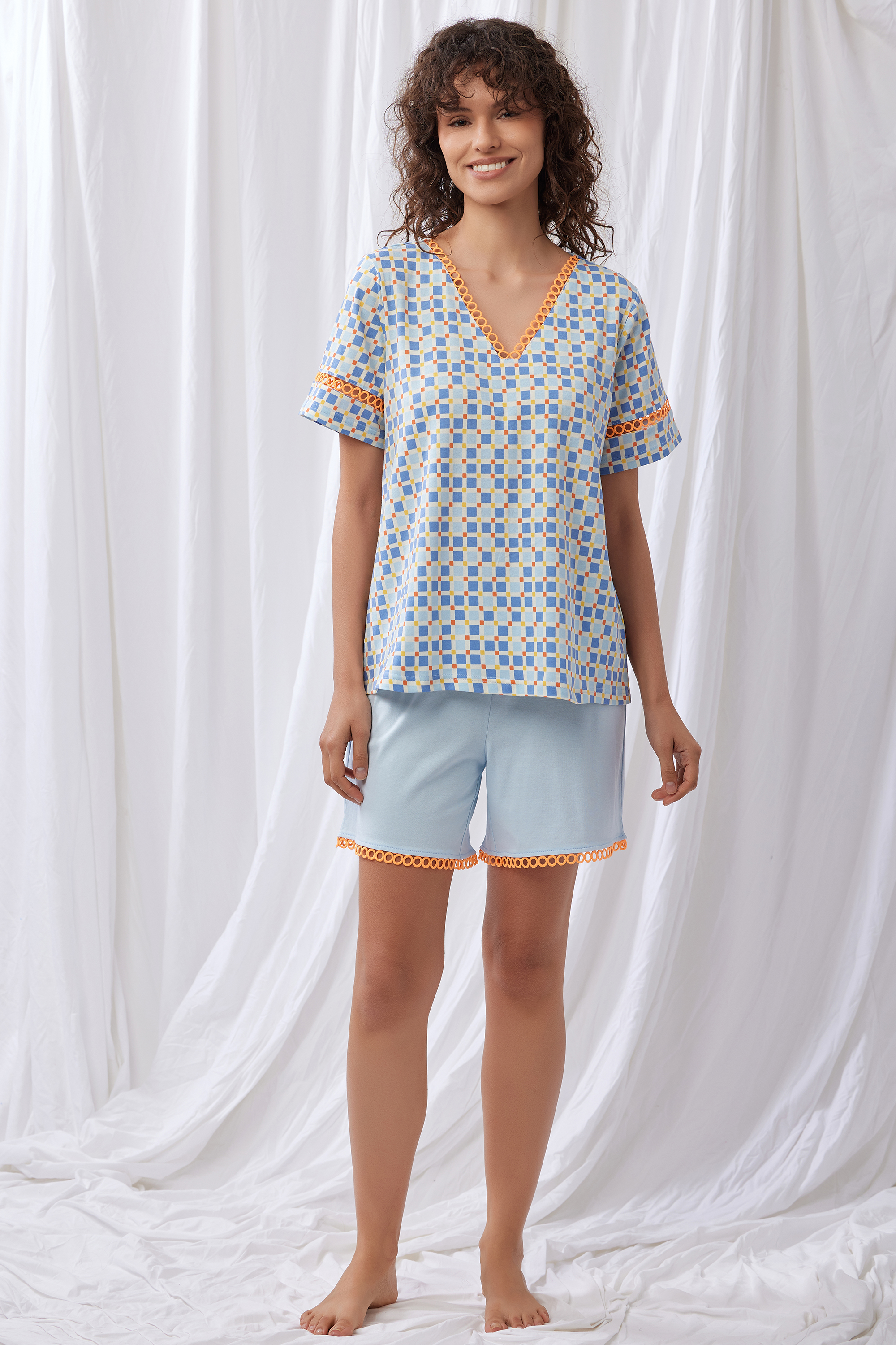Lords X Lilies shortama ruitjes lichtblauw 251-50-XPE-Z/978