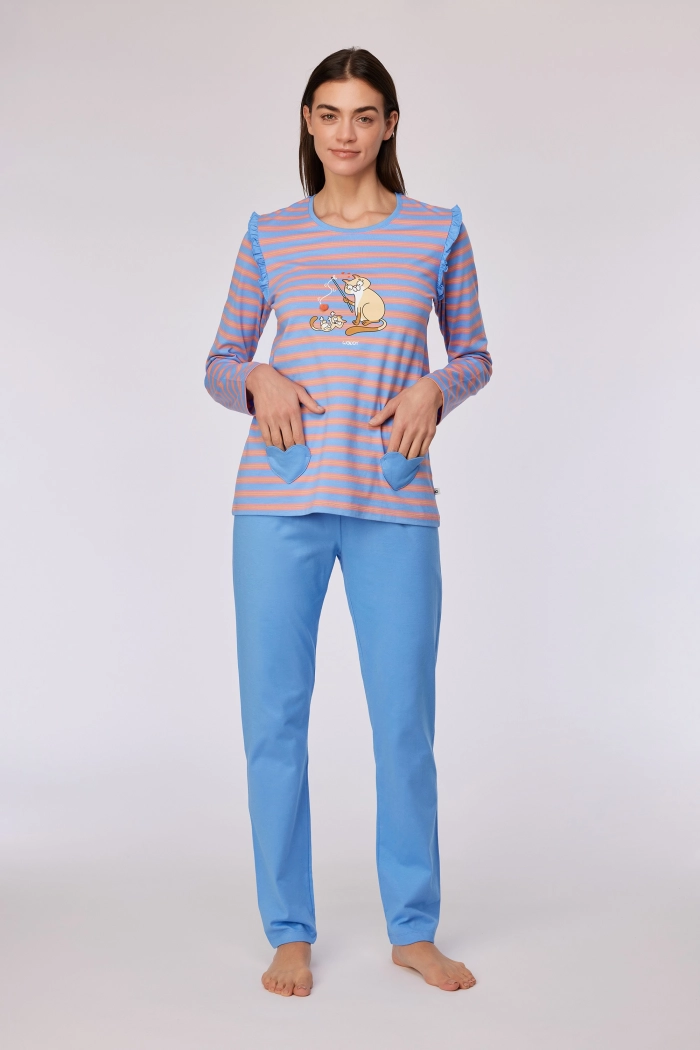Woody pyjama kat gestreept roze/blauw 252-10-PLG-S/911