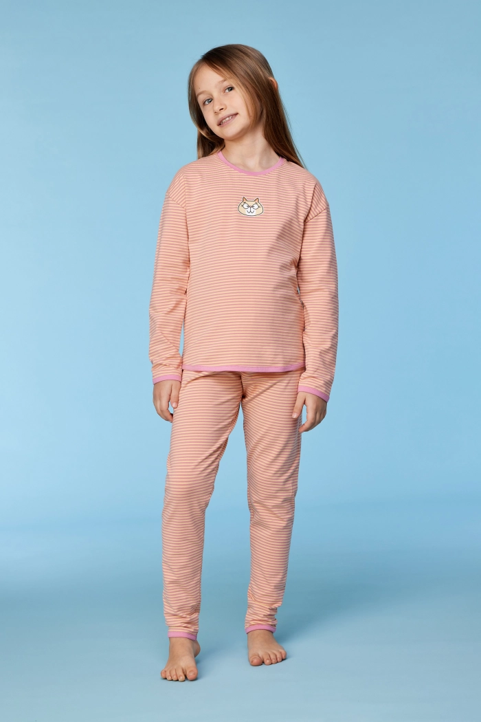 Woody pyjama kat gestreept roze/geel 252-10-PZG-Z/927