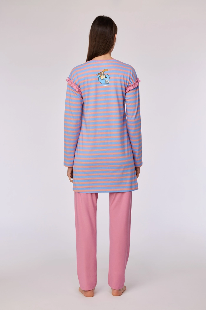 Woody pyjama kat gestreept blauw/roze 252-10-BLB-S/911