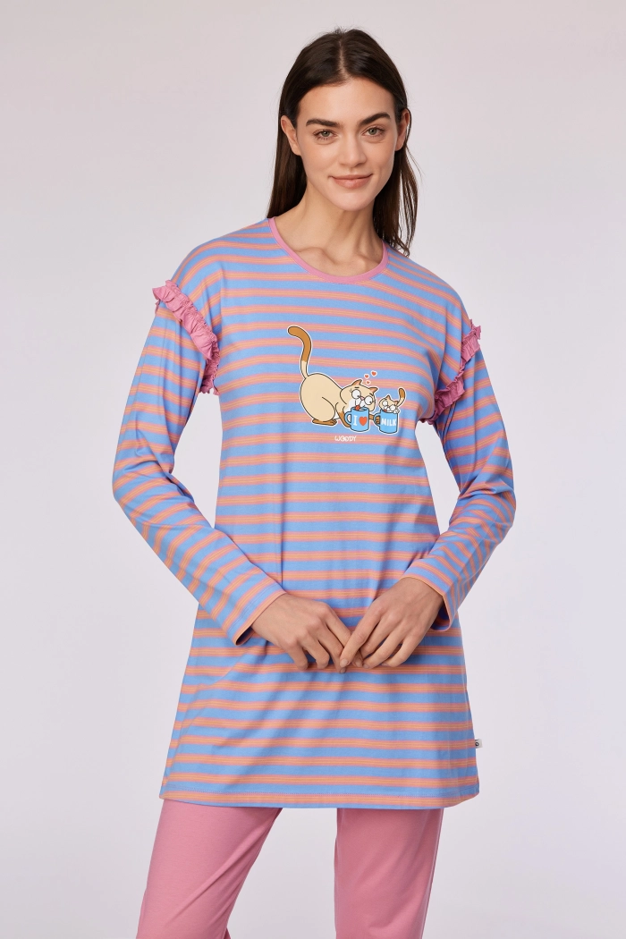 Woody pyjama kat gestreept blauw/roze 252-10-BLB-S/911