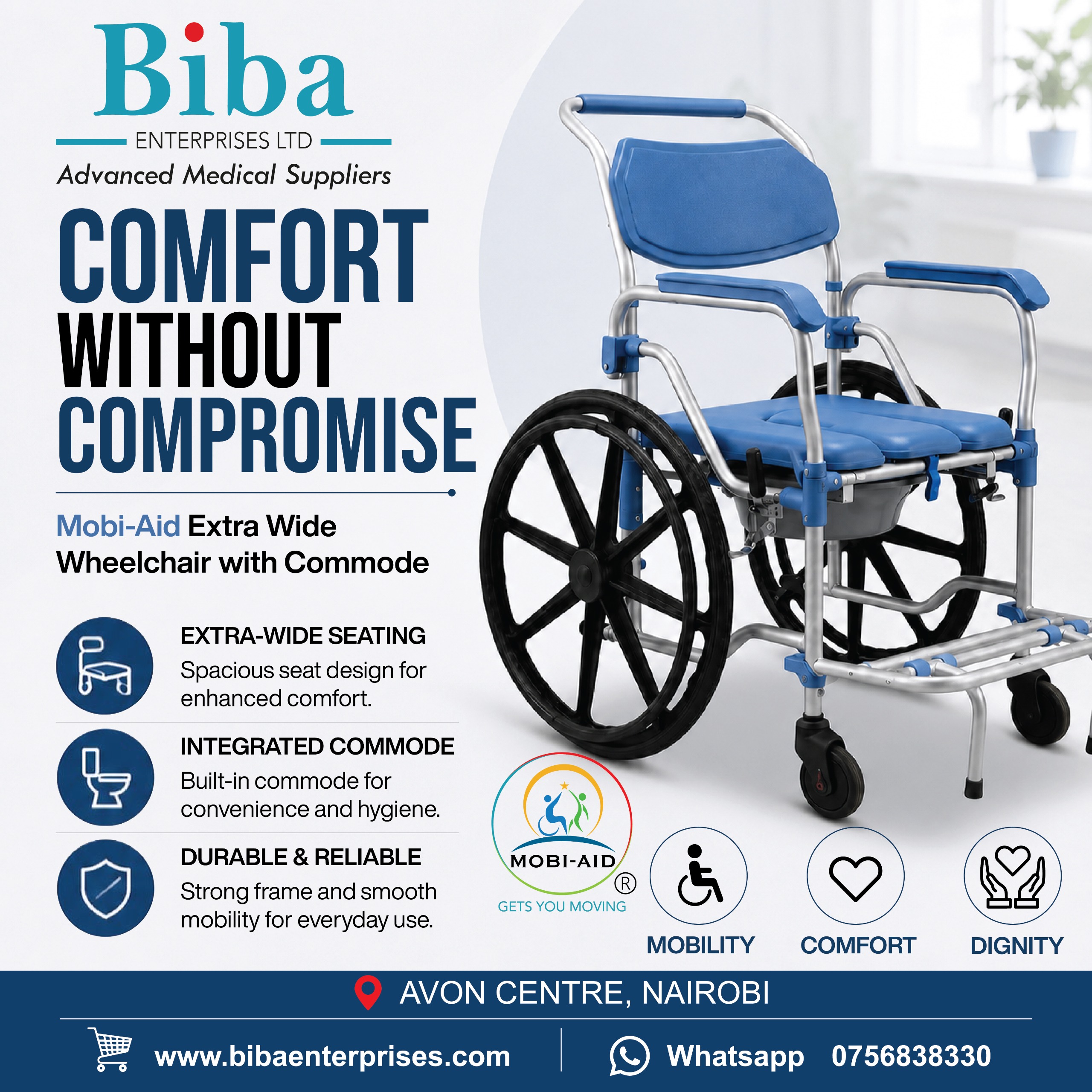 Mobi-Aid Extra Wide Wheelchair with Commode