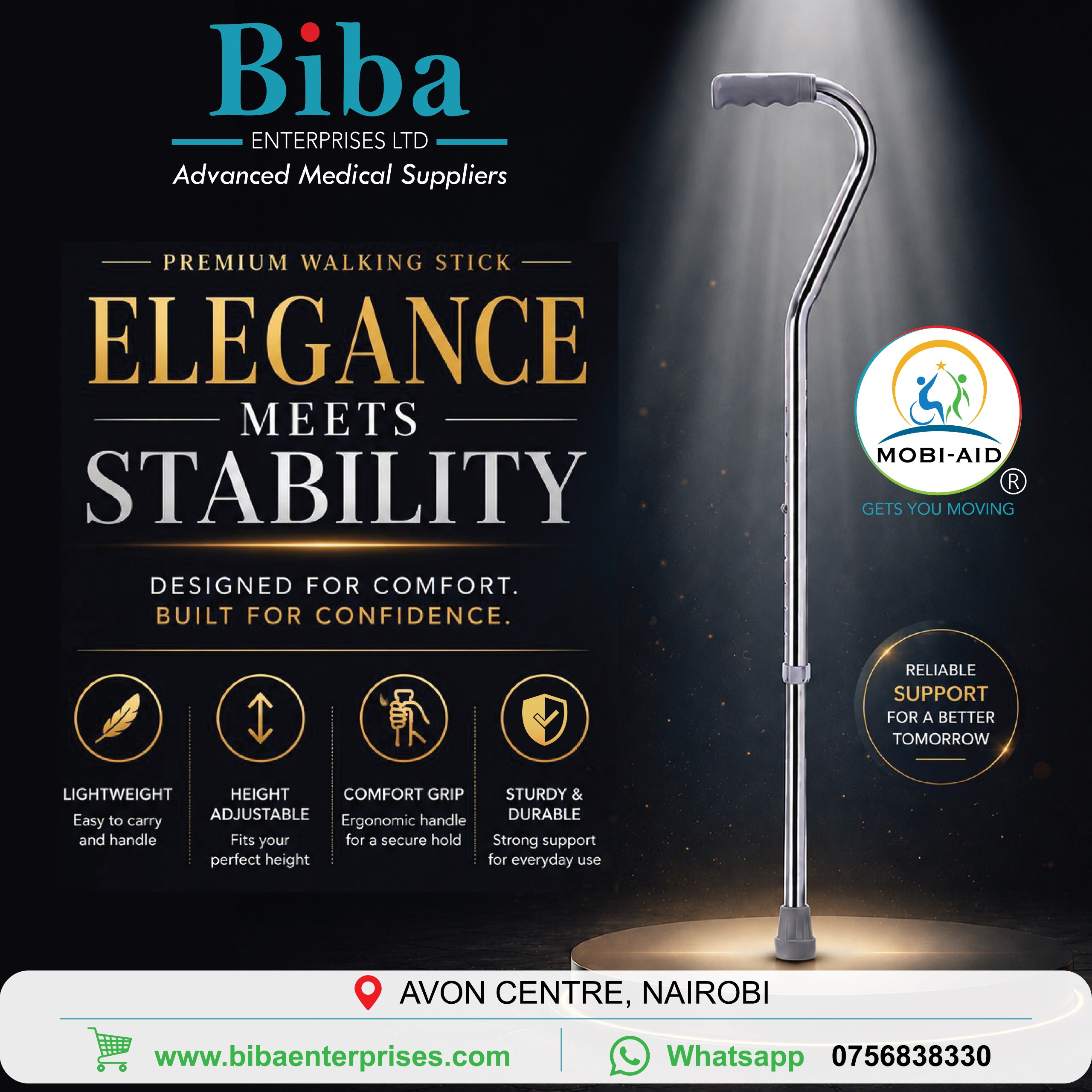 Curved walking stick-adjustable-mobi-aid