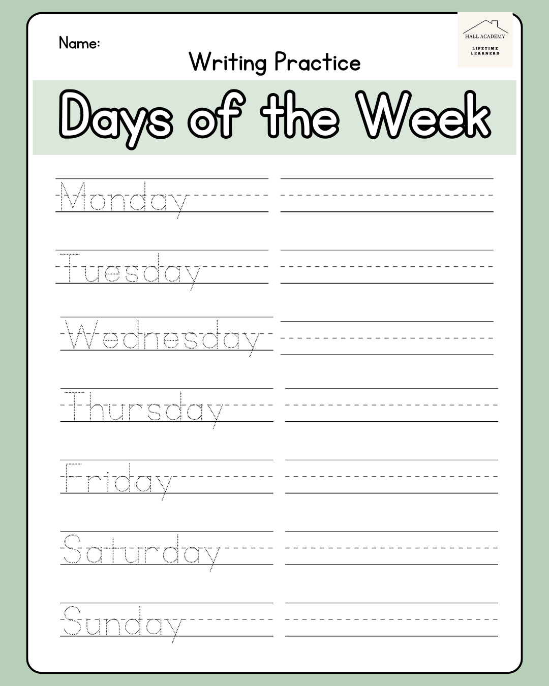 Days of the Week Writing Practice