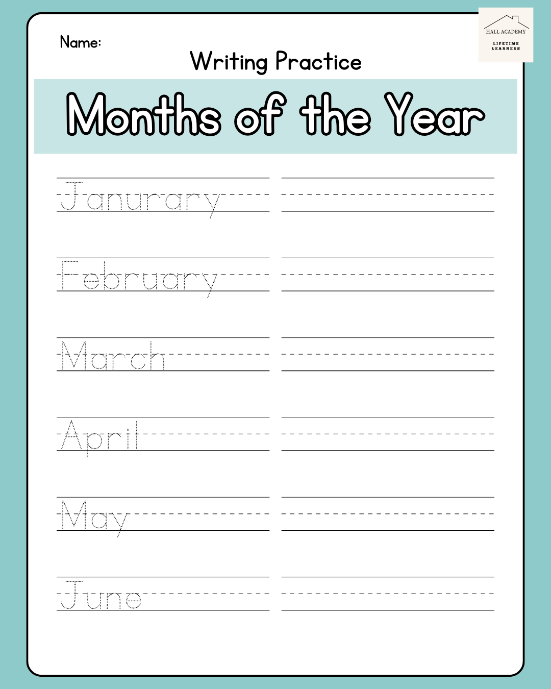 Months of the Year Writing Practice Sheet