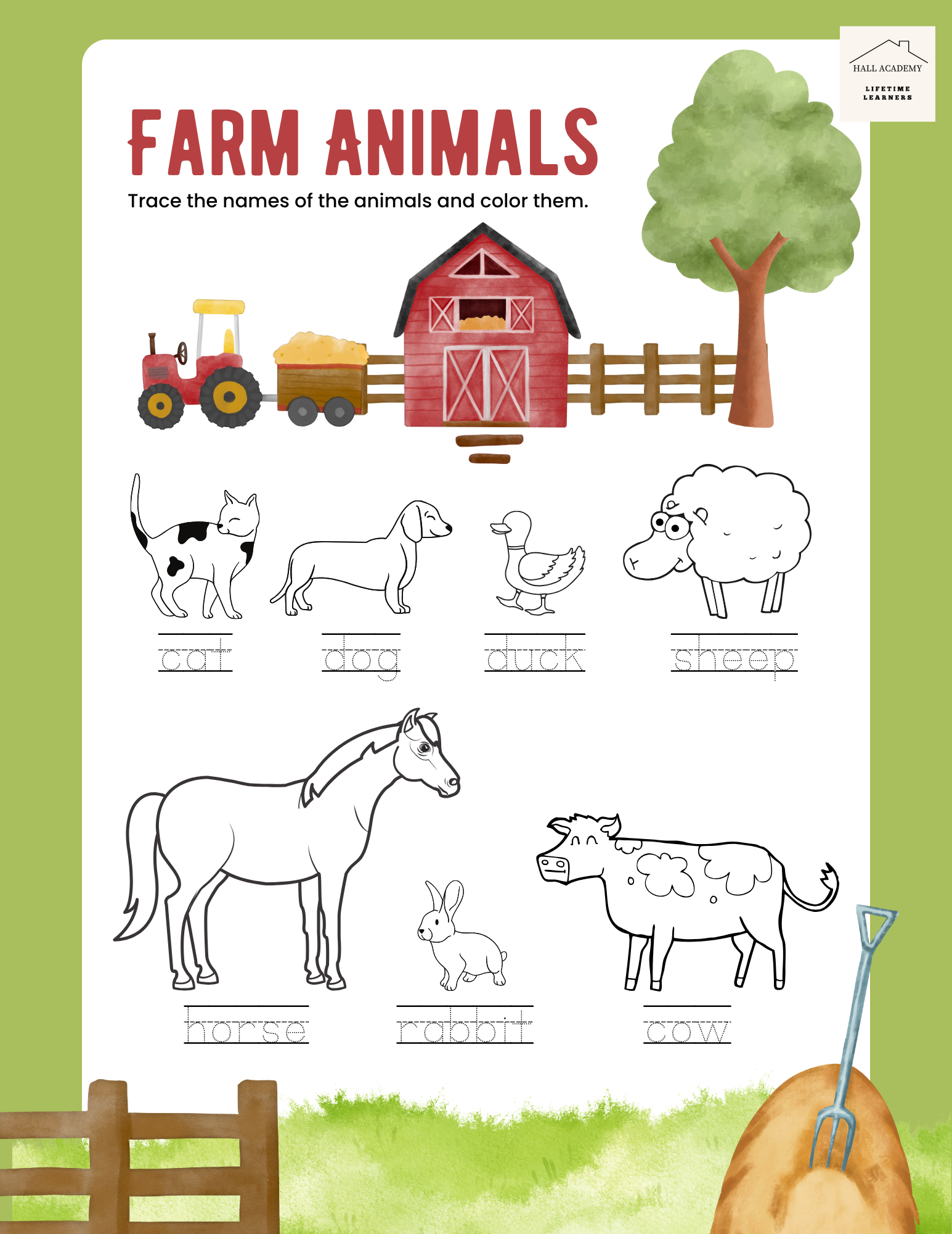Farm Animals Tracing and Coloring Worksheet