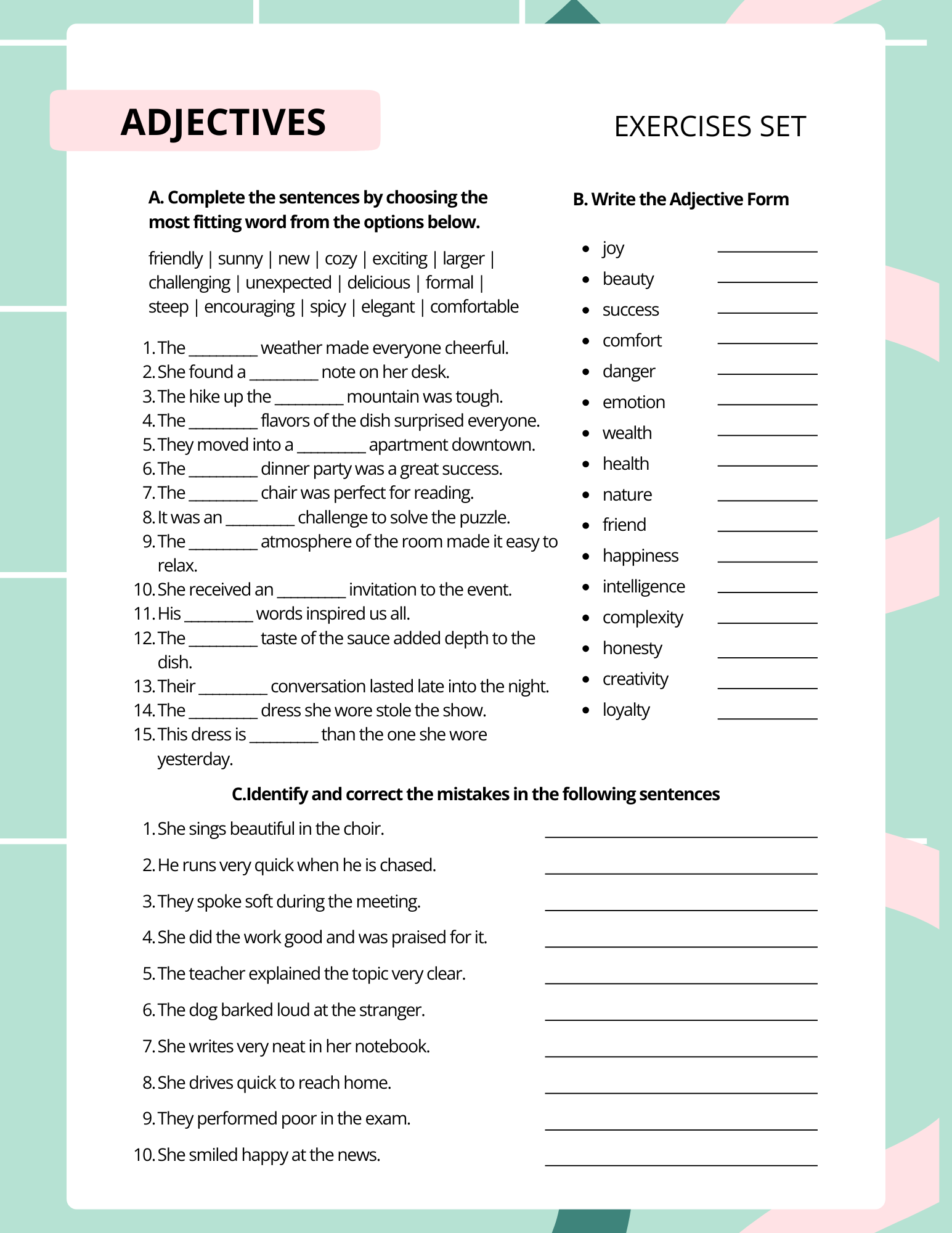 Adjectives Exercises Worksheet
