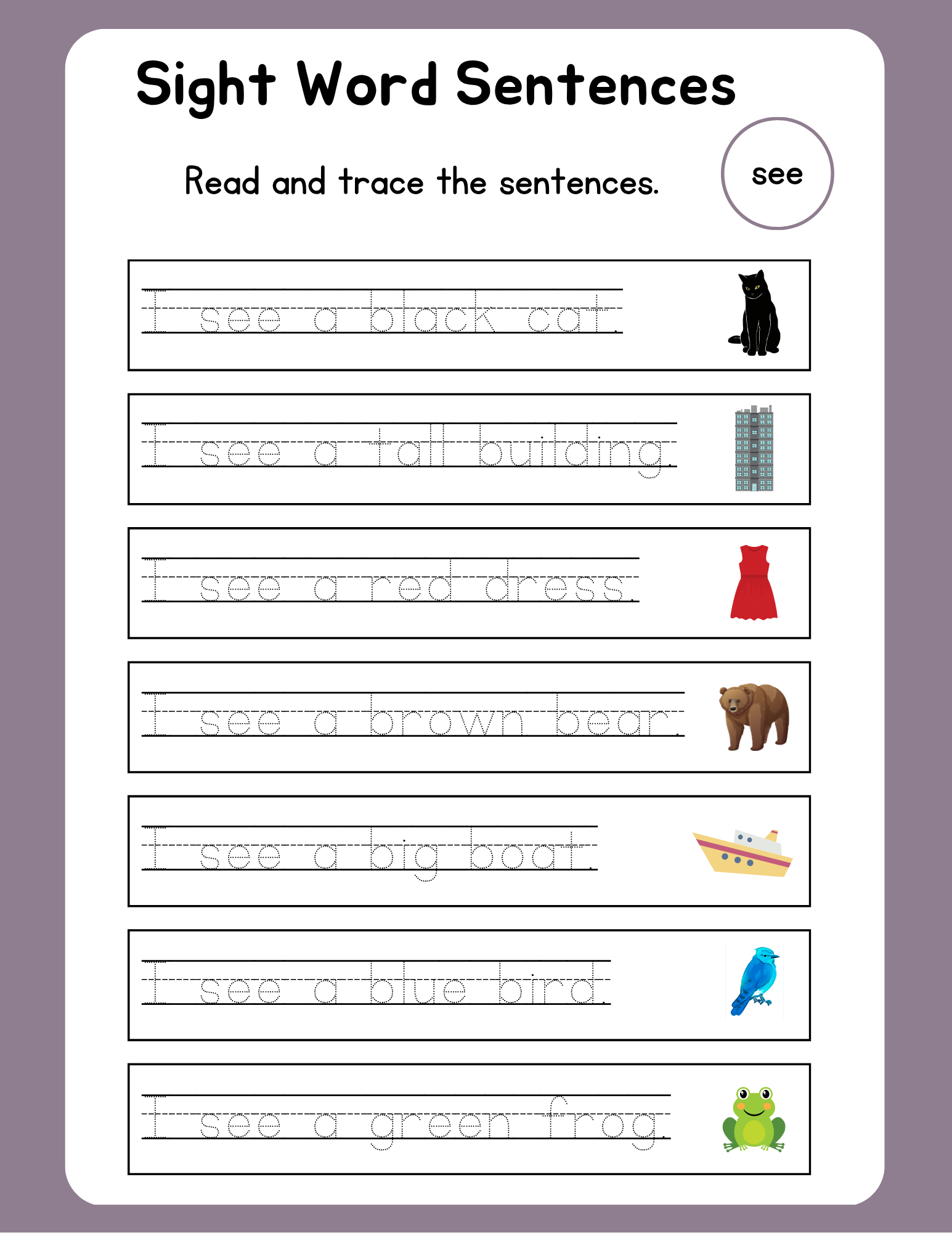 Sight Word Sentences Practice Sheet