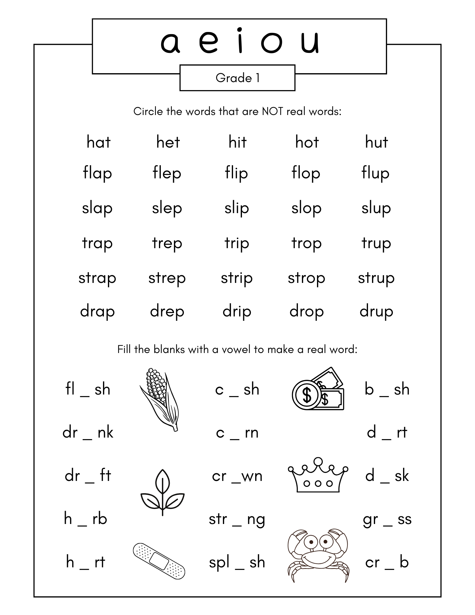 Grade 1 A.E.I.O.U Worksheet