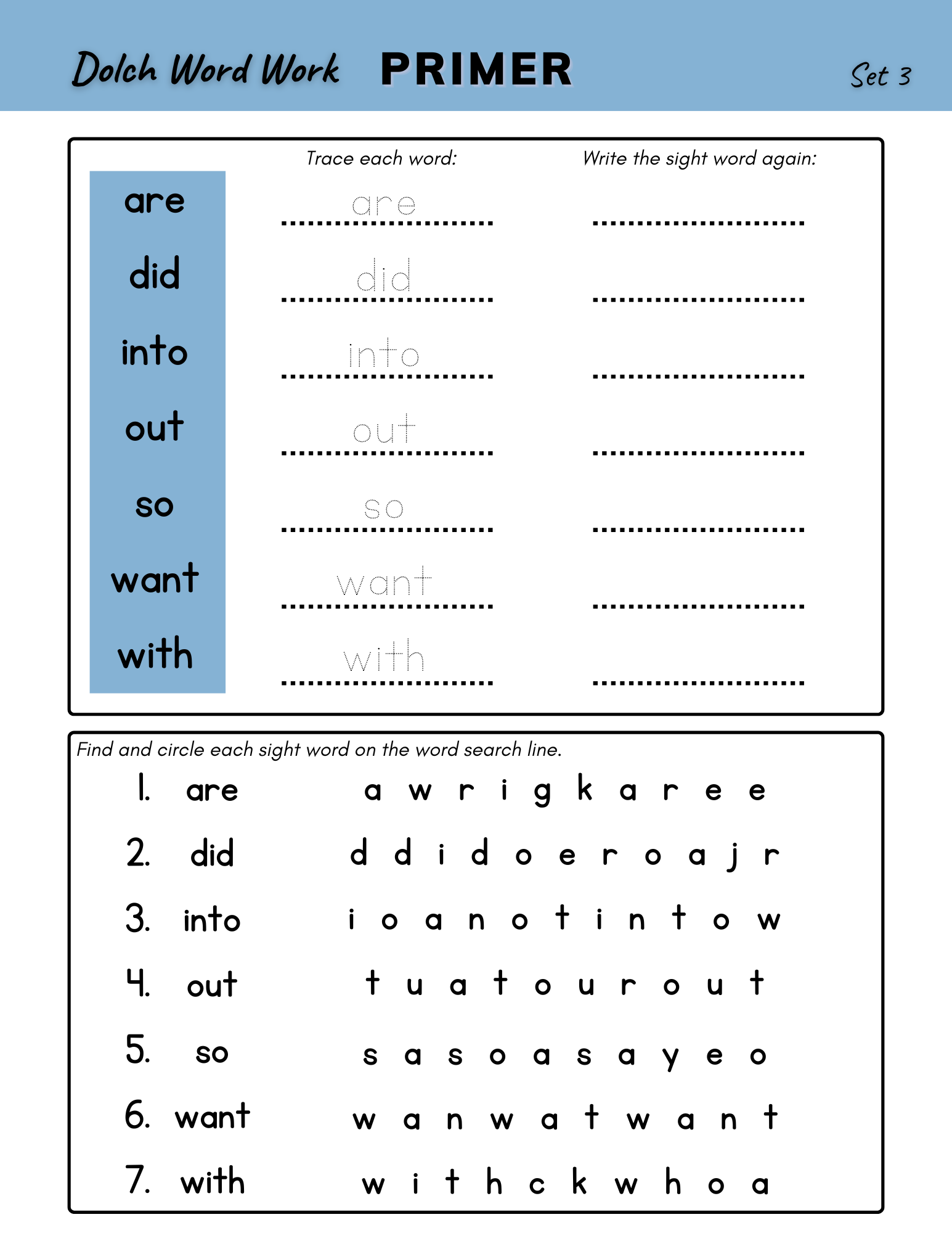 Dolch Word Work Primer Set 3 Worksheet