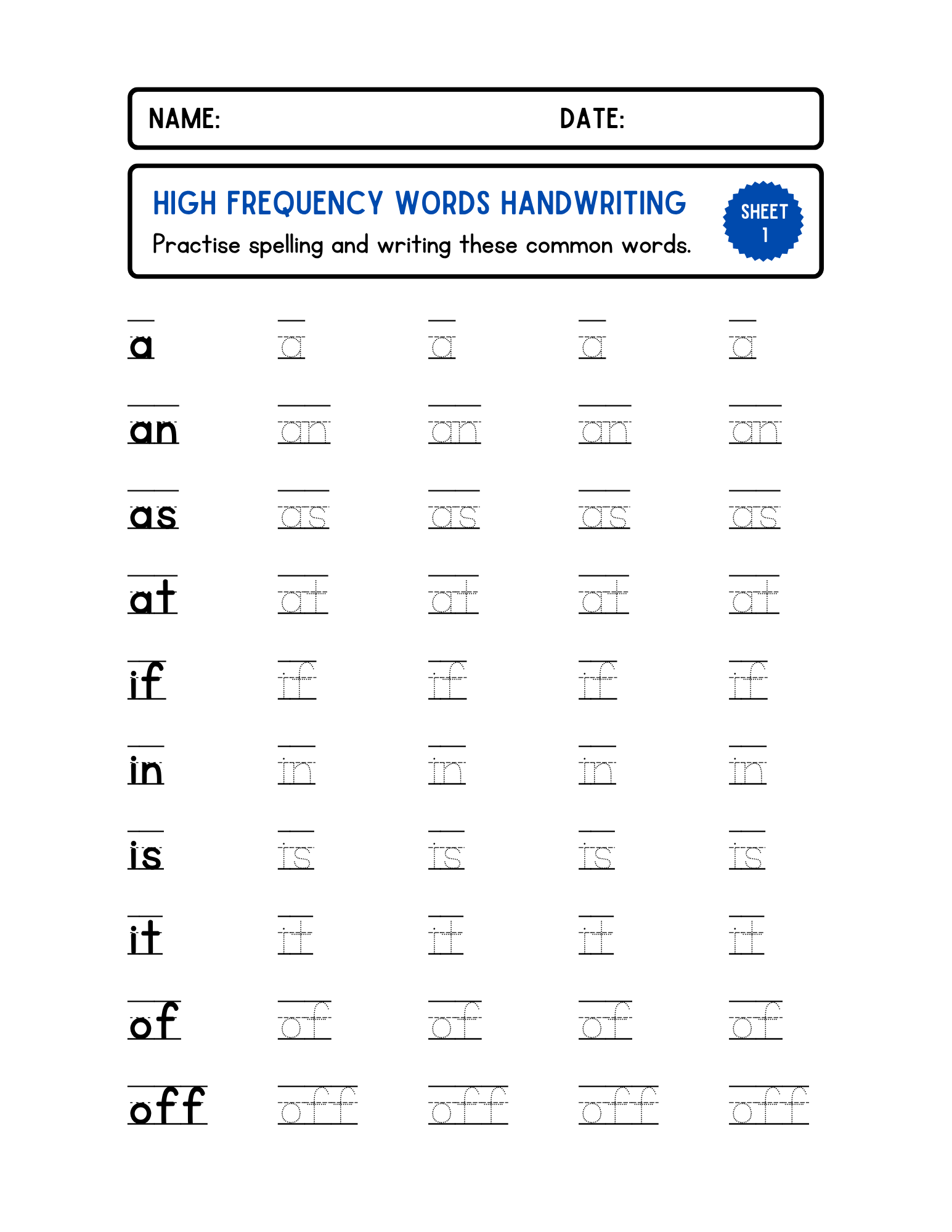 High Frequency Words Handwriting Worksheet