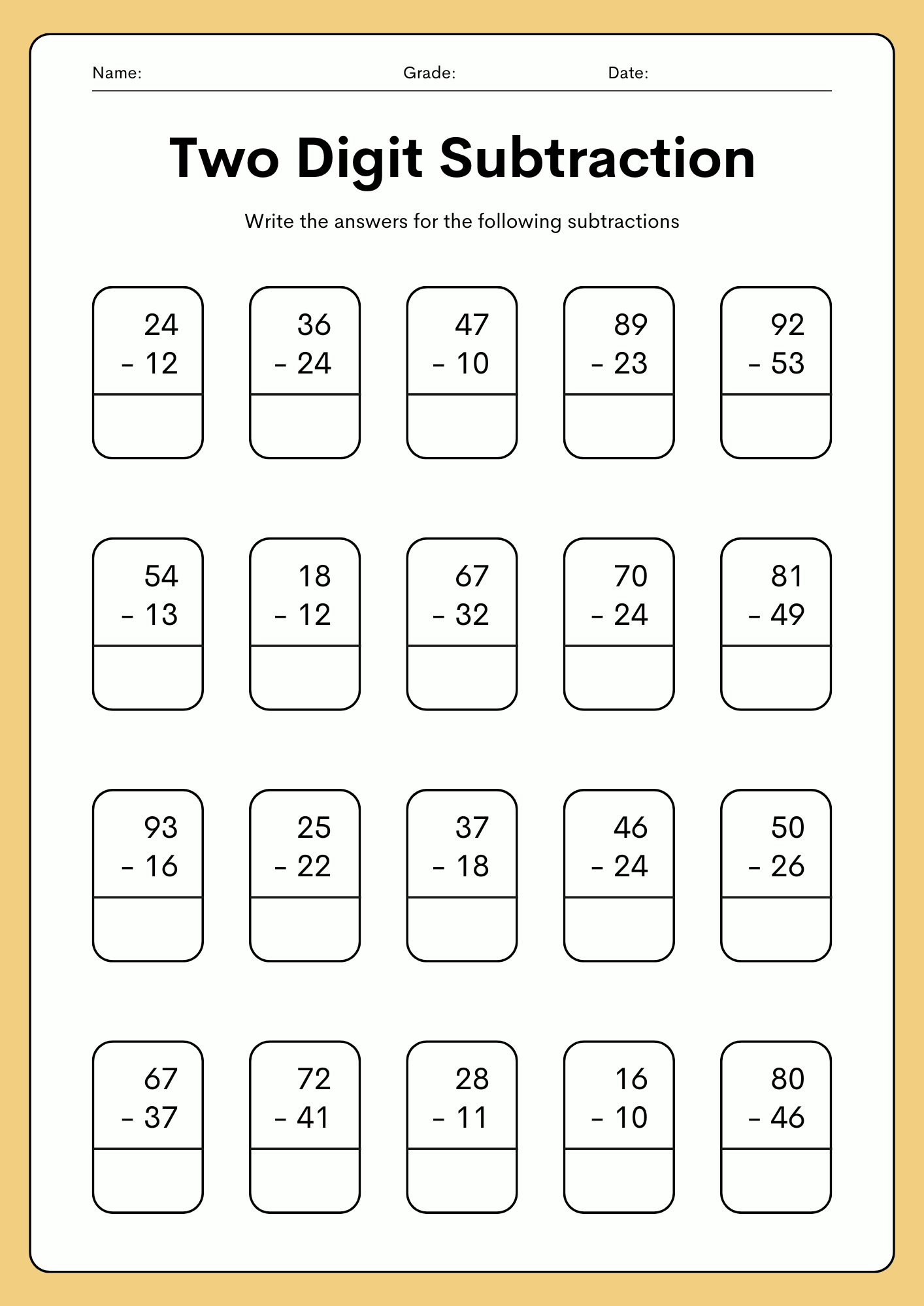 Two Digit Subtraction Worksheet
