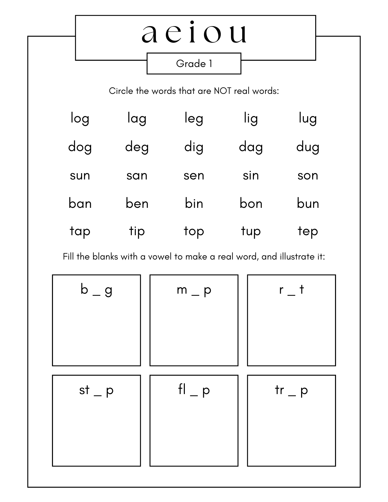 Grade 1 Vowel Worksheet