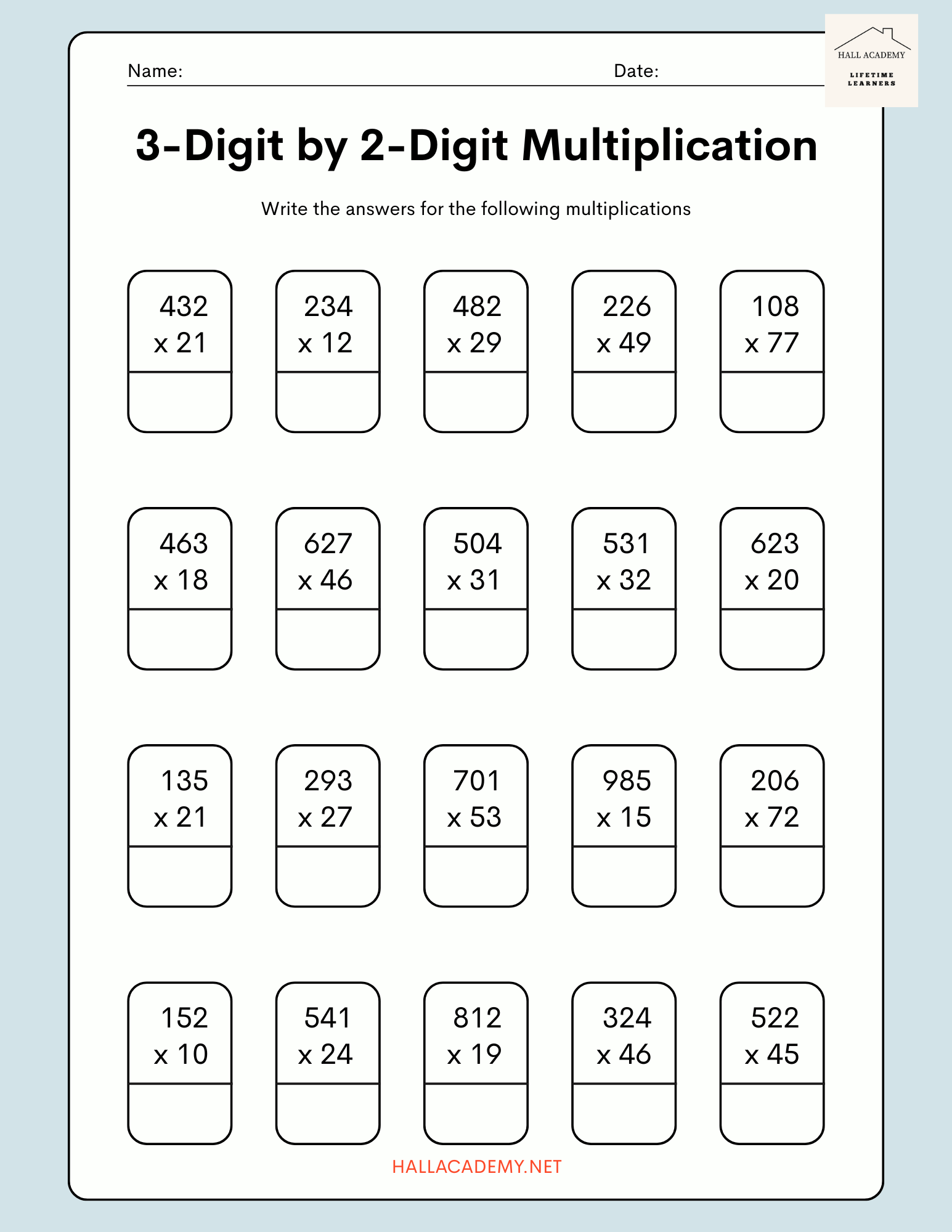 3-Digit by 2-Digit Multiplication Worksheet