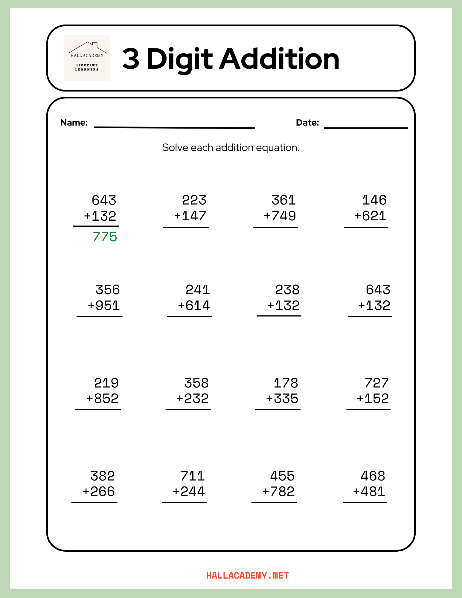 3 Digit Addition Worksheet