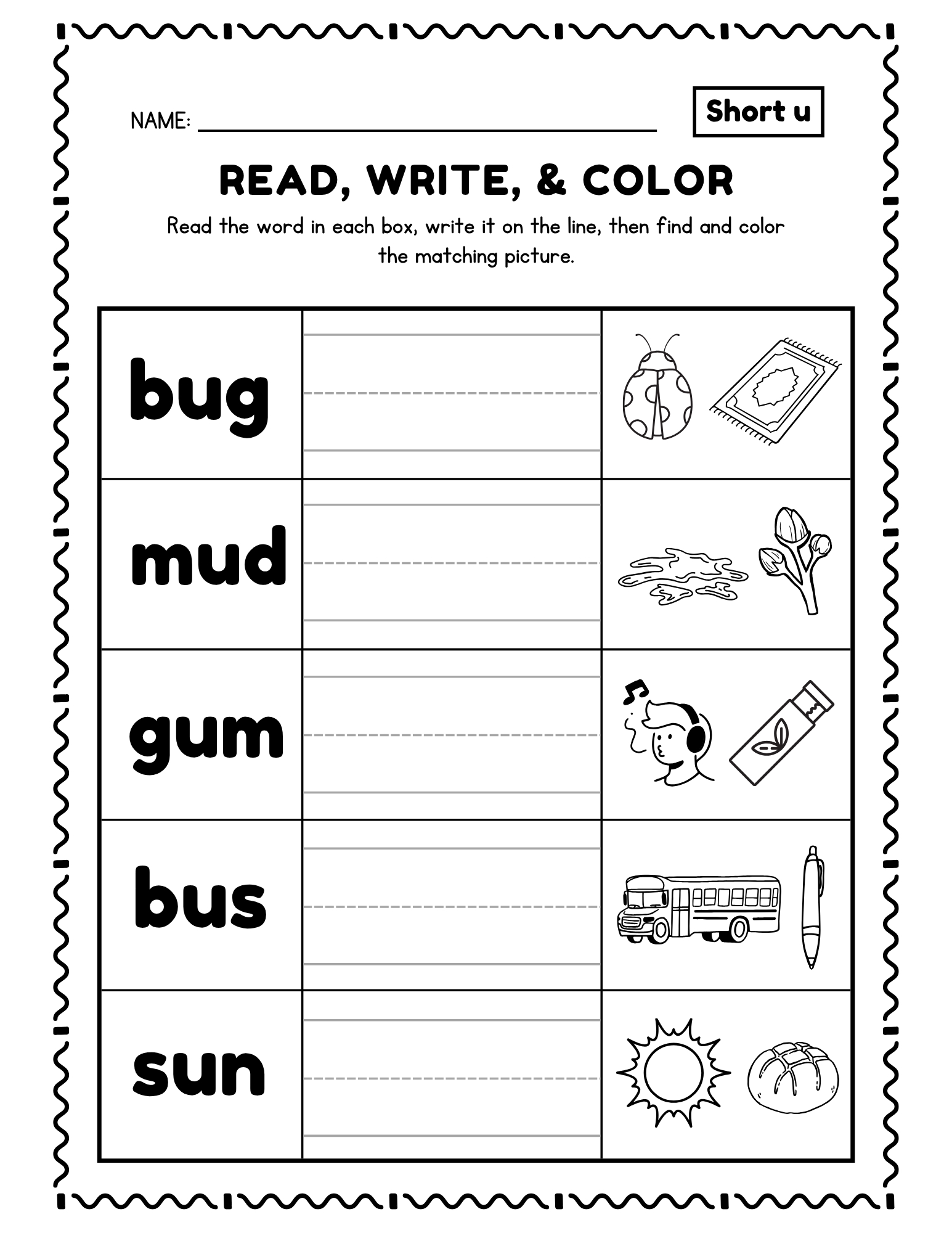Short U Read, Write, & Color Worksheet