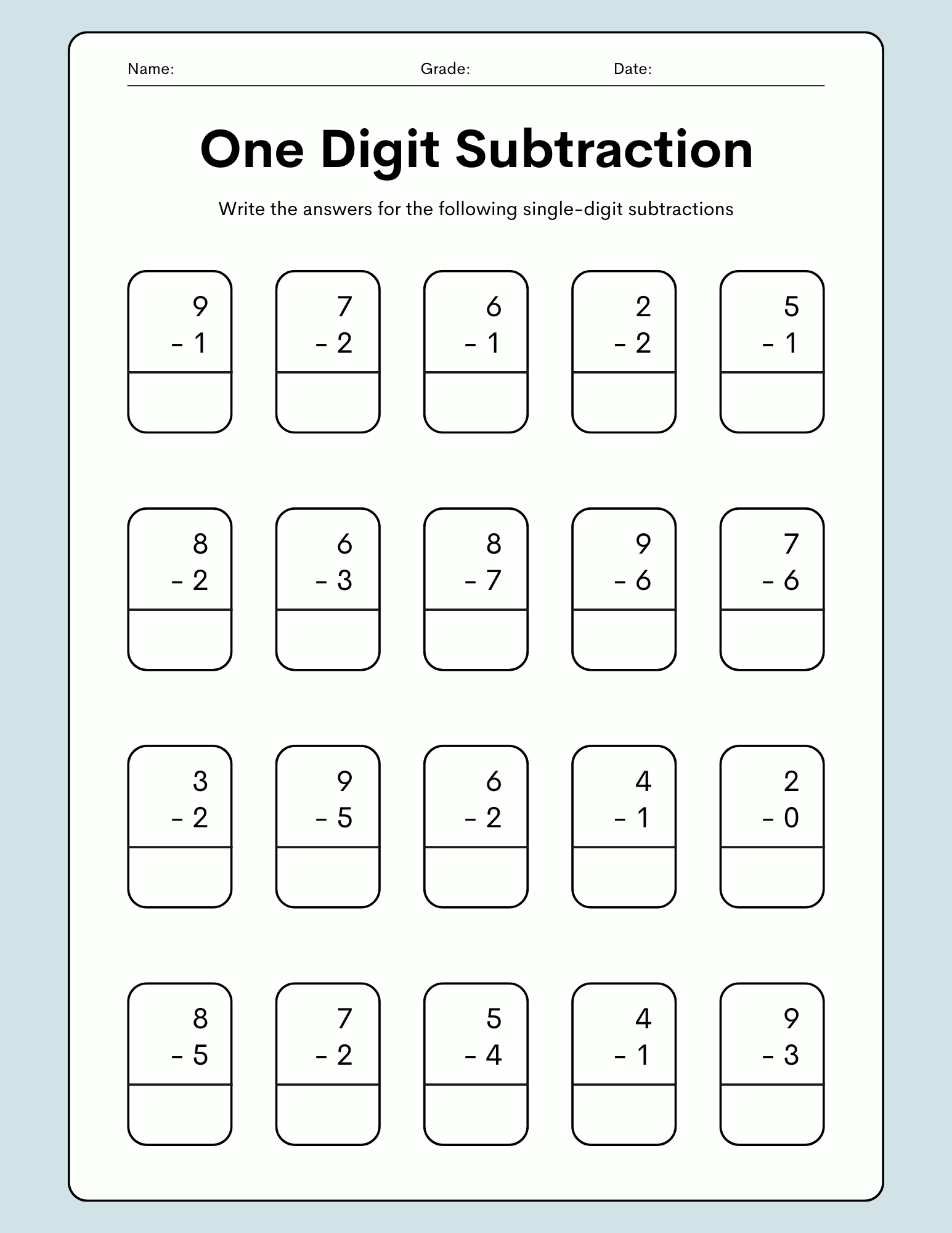 One Digit Subtraction Worksheet