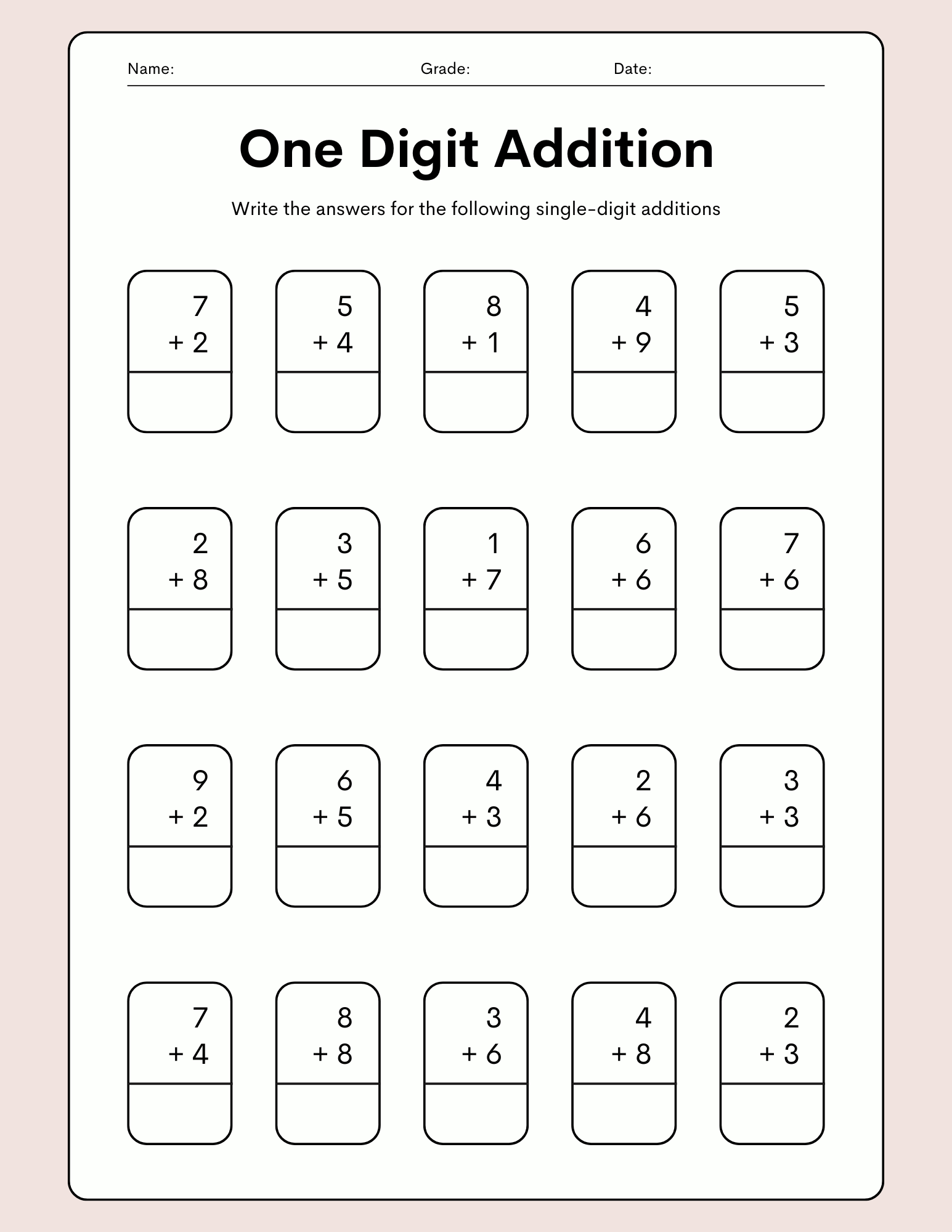 One Digit Addition Worksheet