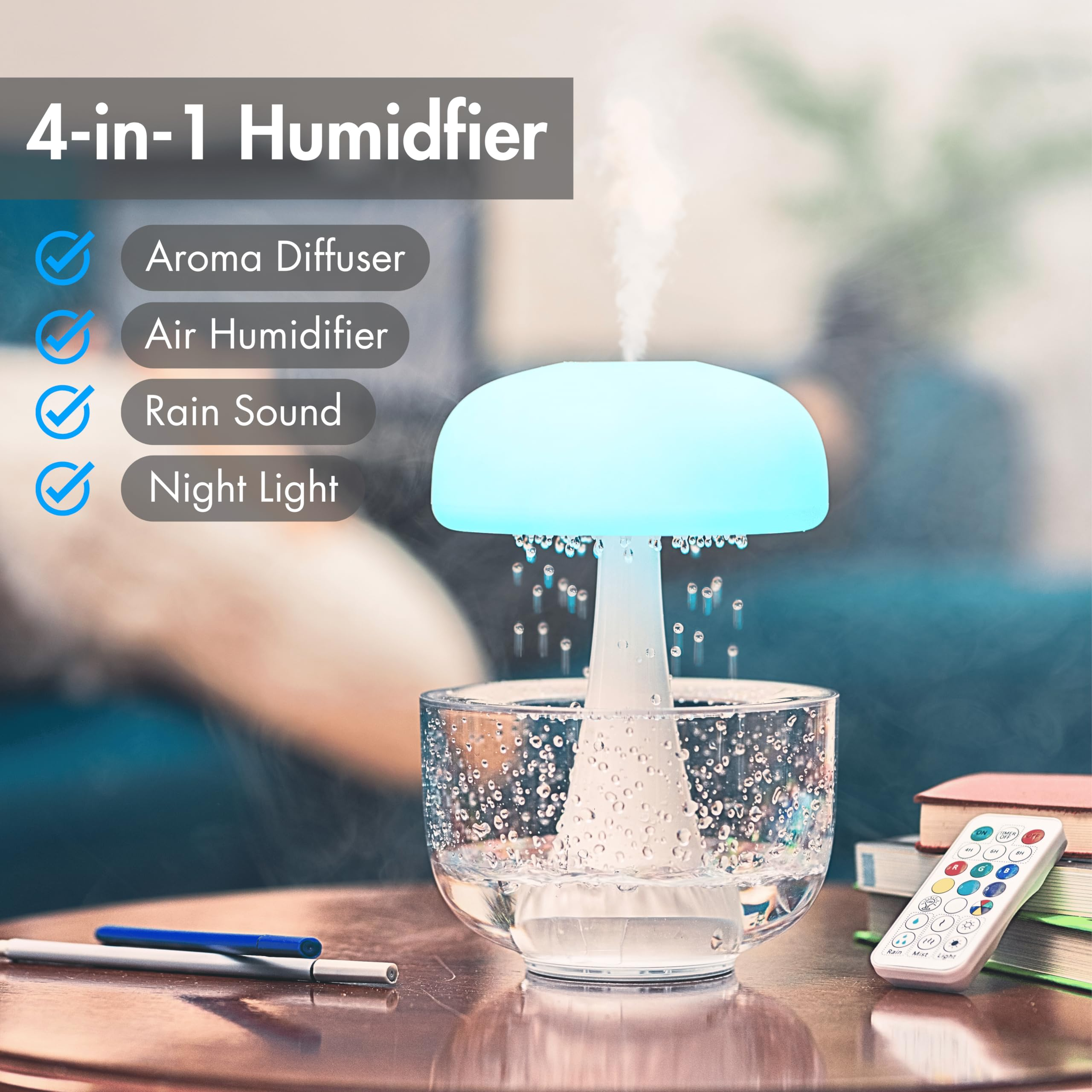 Mushroom Raindrop Humidifier with White Noise, LED Light, and Aroma Diffuser