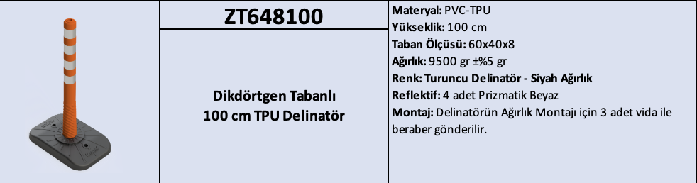 Dikdörtgen Tabanlı 100 CM TPU Delinatör – Dört Reflektifli | ZT648100