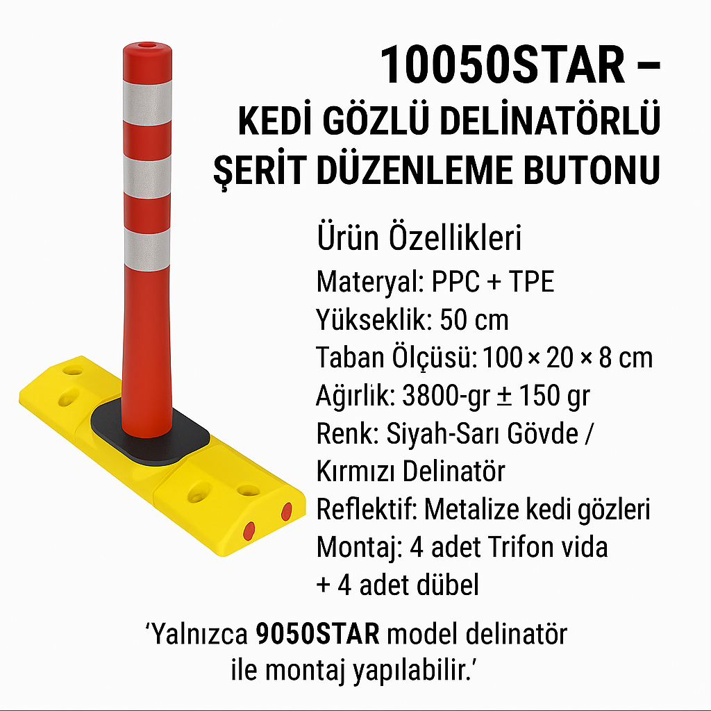 10050STAR – Kedi Gözlü Delinatörlü Şerit Düzenleme Butonu (50 CM Kırmızı Delinatörlü Model)