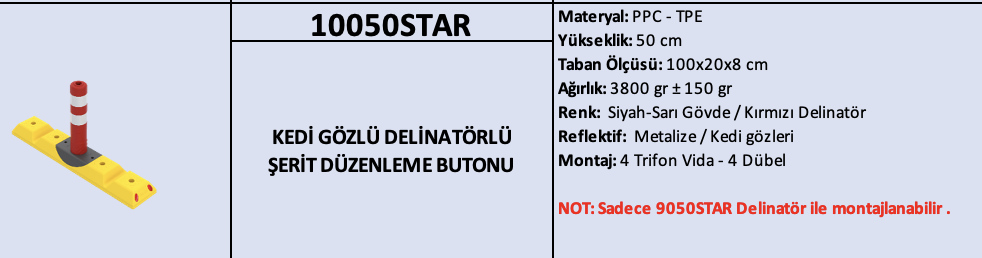 10050STAR – Kedi Gözlü Delinatörlü Şerit Düzenleme Butonu (50 CM Kırmızı Delinatörlü Model)