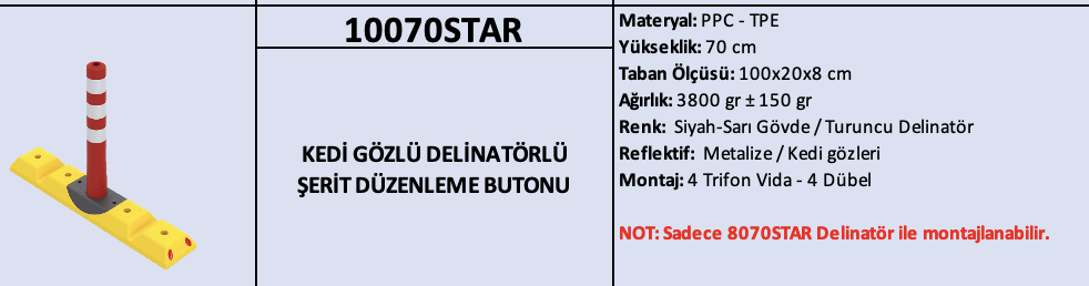 10070STAR – Kedi Gözlü Delinatörlü Şerit Düzenleme Butonu (70 CM Kırmızı Delinatörlü Model)
