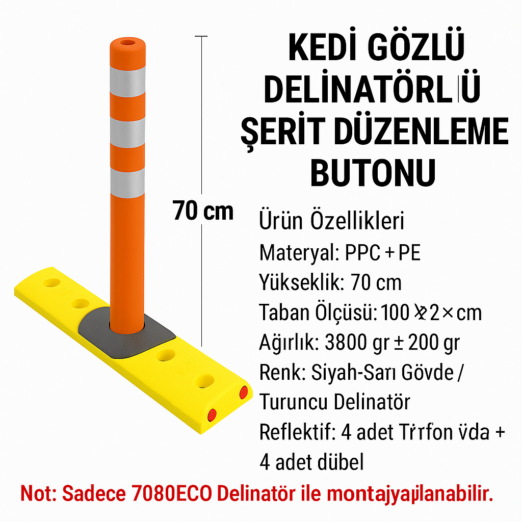 10070ECO – Kedi Gözlü Delinatörlü Şerit Düzenleme Butonu (70 CM Turuncu Delinatörlü Model)