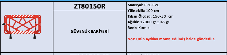 ZT80150R – Kırmızı Güvenlik Bariyeri | 150x50 CM